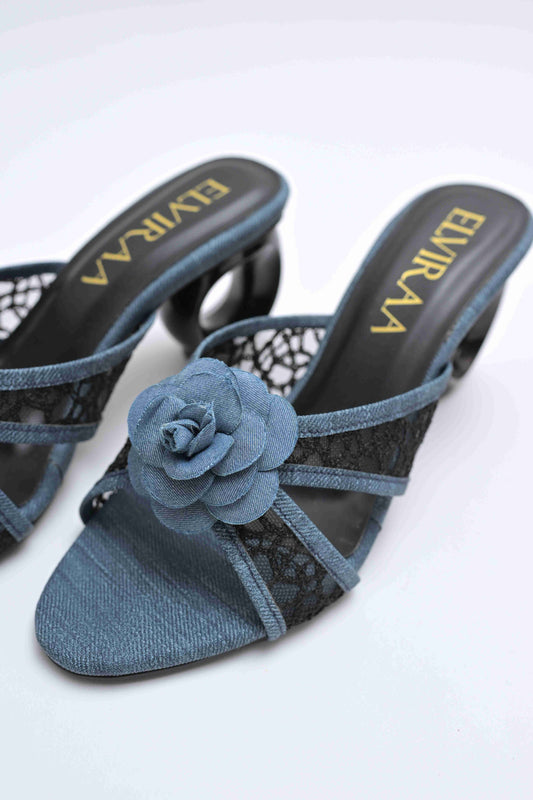 Denim Flower Net Heels