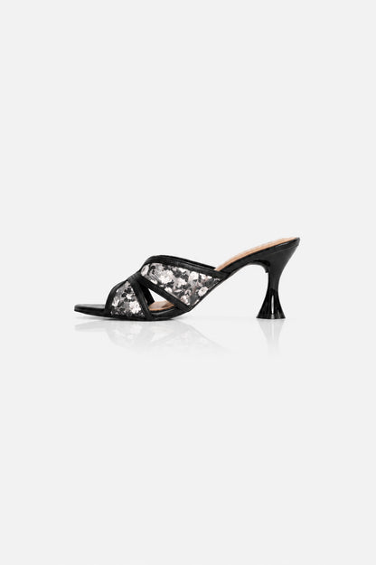 Embroidered Flower Net Heels