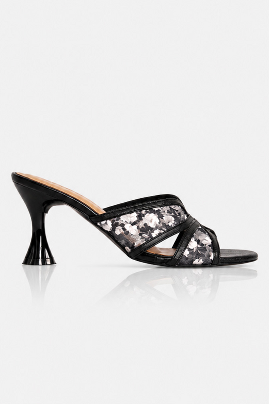 Embroidered Flower Net Heels