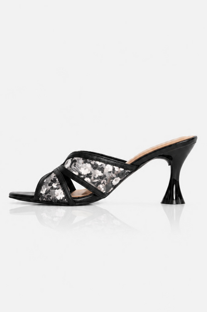 Embroidered Flower Net Heels