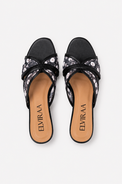 Embroidered Flower Net Heels