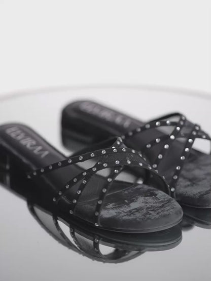 Rhinestone Net X Strap Sandals